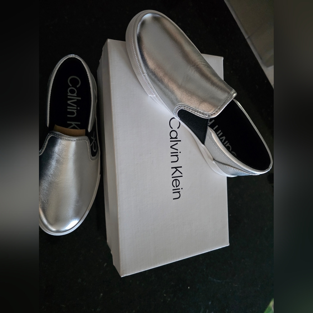 Calvin Klein Women’s Metallic Silver Logo Slip-On Sneakers - Size 7.5